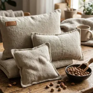 Cuscini termici artigianali Foradeora in lino con noccioli di ciliegio per il benessere naturale.