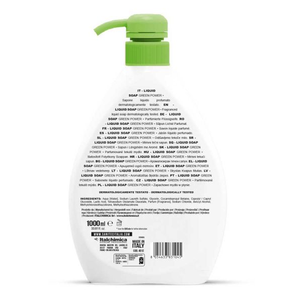 sanitec sapone ecologico senza coloranti profumato per corpo capelli e mani in dispenser da 1000 ml liquid soap green power codice 4015