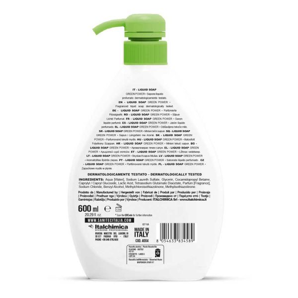 sanitec sapone ecologico senza coloranti profumato per corpo capelli e mani in dispenser da 600 ml liquid soap green power codice 4004