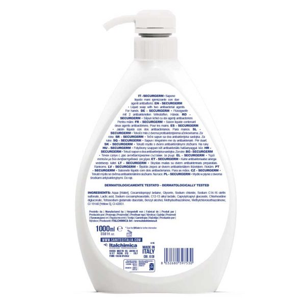 sapone liquido per mani non profumato con antibatterico clorexidina e acido lattico in dispenser da 1000 ml codice 1030
